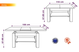 TABLE BASSE JIMMY BOIS / BLANC RELEVABLE + EXTENSIBLE JUSQU'À 150 CM