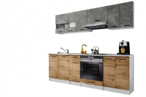 CUISINE BIGO FINITION BAS BOIS ET HAUT BETON 8 ÉLÉMENTS 240 CM