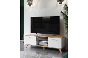 BERGEN Meuble TV scandinave 150 cm sur pieds Bois et Blanc