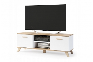BERGEN Meuble TV scandinave 150 cm sur pieds Bois et Blanc