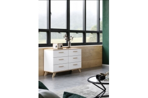 BERGEN Buffet scandinave 100 cm sur pieds Bois et Blanc 6 tiroirs