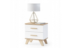 BERGEN table de chevet scandinave 45 cm sur pieds Bois et Blanc 2 tiroirs