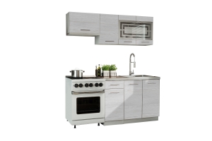 Cuisine GIOVANNA 5 éléments - bois blanchi 1m80 - portes vitrées à motif