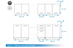 Cuisine Sanclar 6 éléments - blanc blanc laqué avec poignés noir en 2 metres