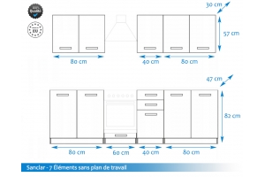 Cuisine Handys 7 éléments laqué blanc - sans poignées 2m60 four encastrable