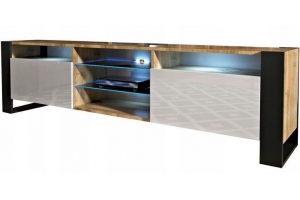 MEUBLE TV 200 CM LOVY LED CHÊNE MAT ET BLANC LAQUÉ - STYLE INDUSTRIEL