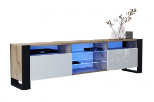 MEUBLE TV 200 CM LOVY LED CHÊNE MAT ET BLANC LAQUÉ - STYLE INDUSTRIEL