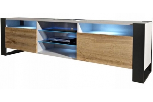 MEUBLE TV 200 CM LOVY LED BLANC MAT ET PORTE CHÊNE - STYLE INDUSTRIEL