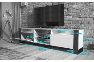 MEUBLE TV 200 CM LOVY LED BLANC MAT ET PORTE CHÊNE - STYLE INDUSTRIEL