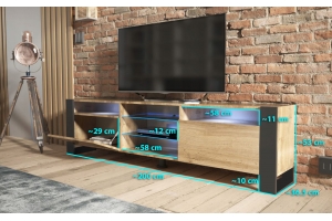 MEUBLE TV 200 CM LOVY LED CHÊNE MAT ET PORTE CHÊNE - STYLE INDUSTRIEL