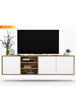 Meuble TV LOTUS 200 cm à poser ou suspendre portes blanc laquées