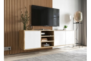 Meuble TV LOTUS 200 cm à poser ou suspendre portes blanc laquées