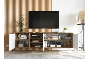 Meuble TV LOTUS 200 cm à poser ou suspendre portes blanc laquées