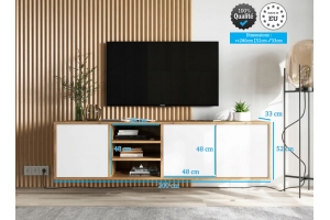 Meuble TV LOTUS 200 cm à poser ou suspendre portes blanc laquées