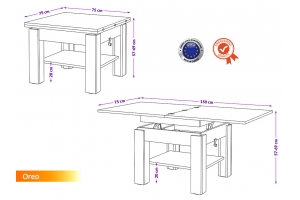 TABLE BASSE OREO BOIS / GRIS RELEVABLE + EXTENSIBLE JUSQU'À 150 CM